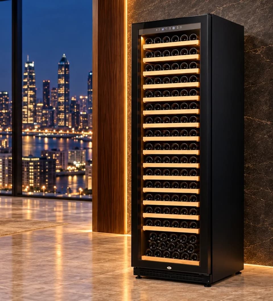 Wine Chiller 176 Bottle 16 Tier Wood Shelves in a room setting