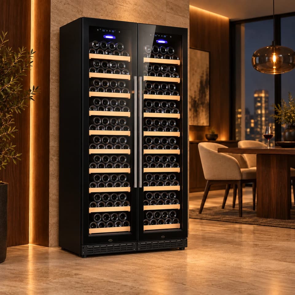 Wine Chiller 306 Bottles 10 Tier Each Wood Shelves Dual Door Dual Zone in a room setting