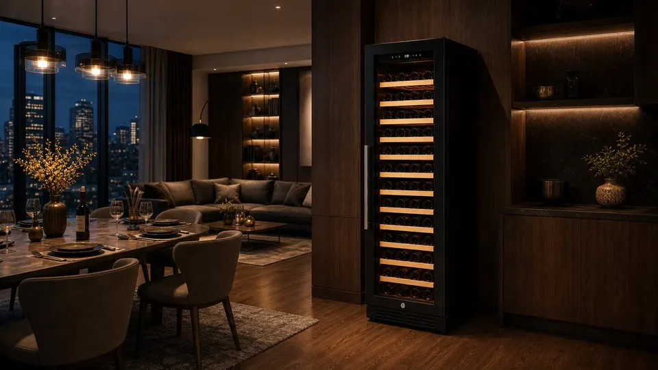 Single-door wine chiller beside a lounge seating area